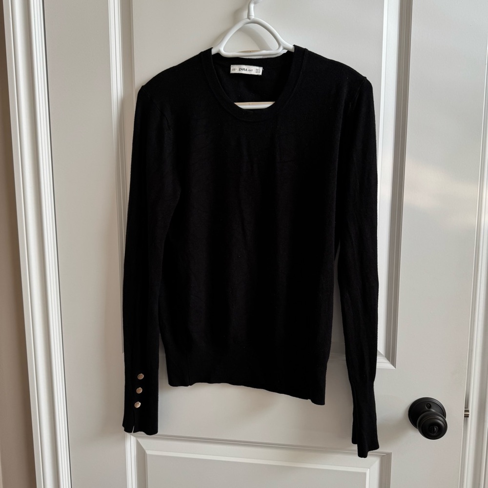 Zara knit Black Sweater with Button Detail on sleeves.